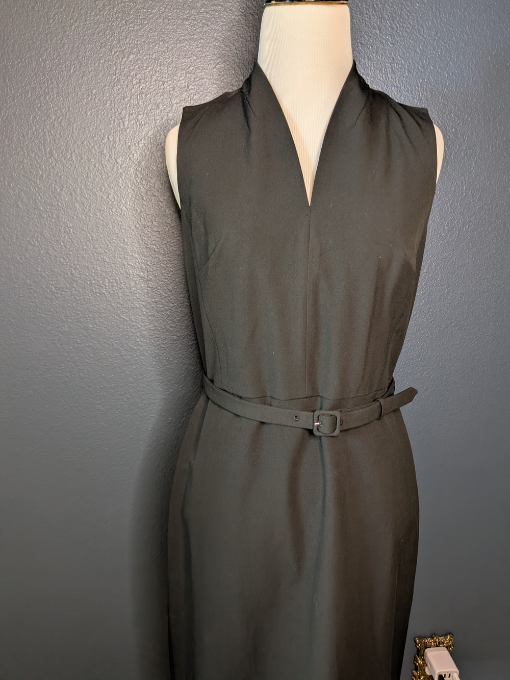 White House Black Market Black Sleeveless V-Neck Midi Dress with Belt